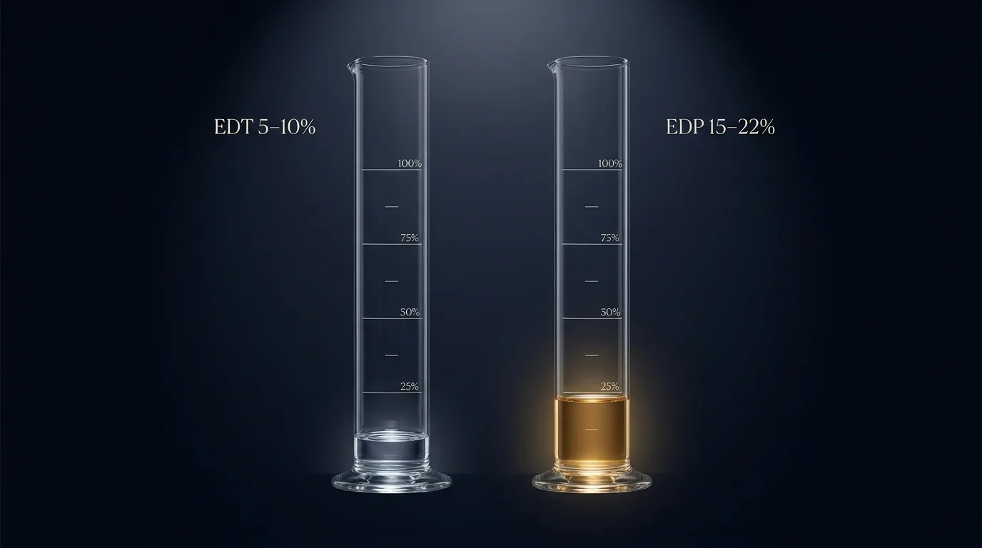 Diagrama técnico com dois cilindros graduados: à esquerda EDT com 5 a 10% de essência, representado por uma camada mínima transparente; à direita EDP com 15 a 22%, representado por um corpo âmbar preenchendo até a marca de 25%
