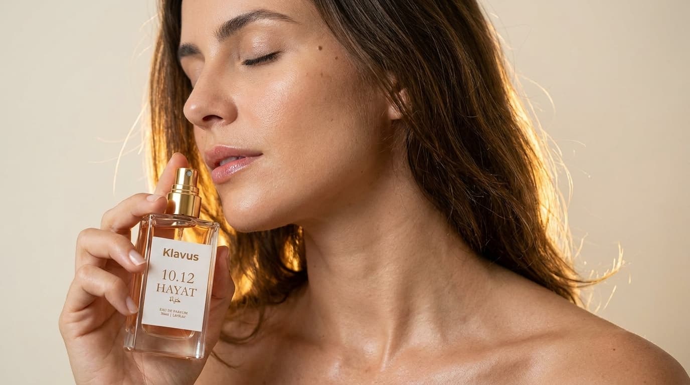 Mulher aplicando perfume Klavus HAYAT no pescoço sob luz dourada de final de tarde