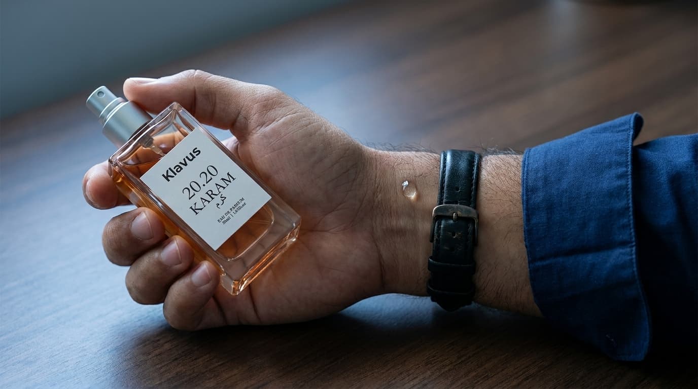 Mão masculina aplicando Klavus KARAM no pulso, relógio preto de couro em primeiro plano