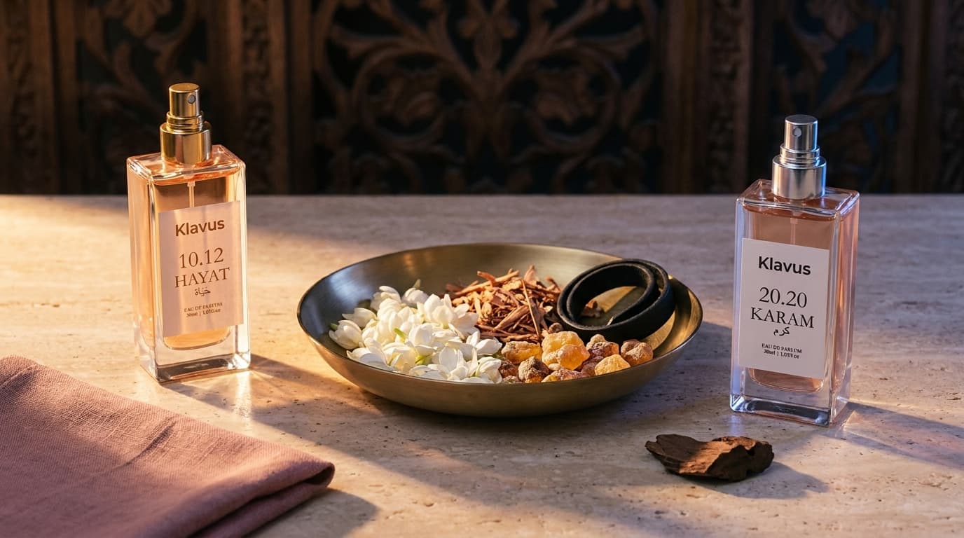 Dois frascos Klavus em luz dupla: HAYAT sob luz dourada de um lado e KARAM sob luz índigo do outro, sobre bancada de mármore travertino